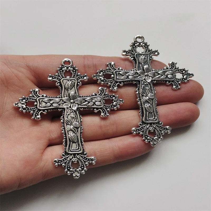 3pcs Black Color 74x53mm Large Cross With Flower Charms Religion Faith Pendant Fit DIY Handmade Jewelry Making Finding Supplies