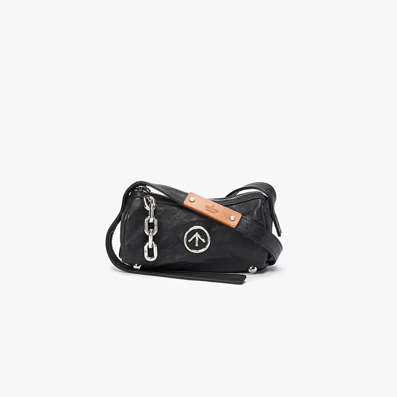 GROTTO Fashion 2025 New Genderless Black Stone Mini Wrinkled Genuine Leather Shoulder Bag