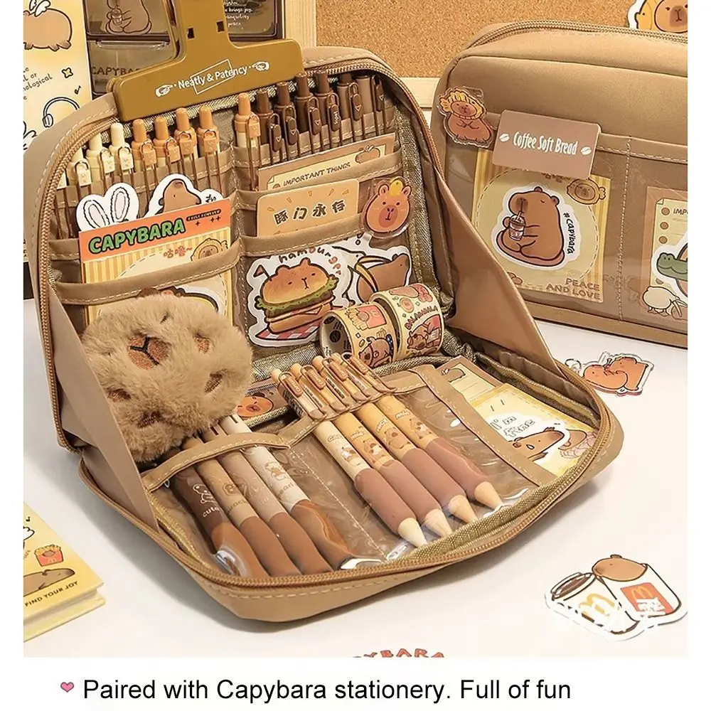 Large Capacity Capybara Pen Bag Trendy Cute Canvas Pen Case Multifunctional Hand-held Storage Pouch for Students