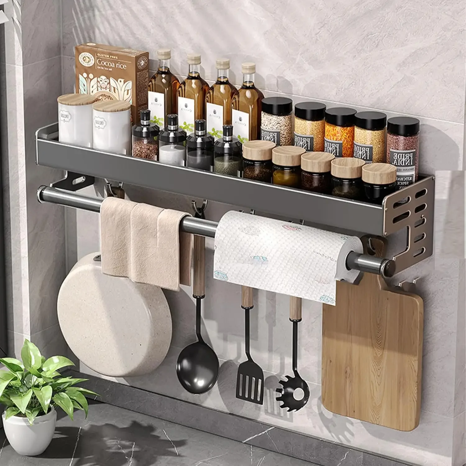 Wall Mount Utensil Holder Multifunctional Spice Organizer Shelf with Hooks Kitchen Hanging Storage Wall Shelf