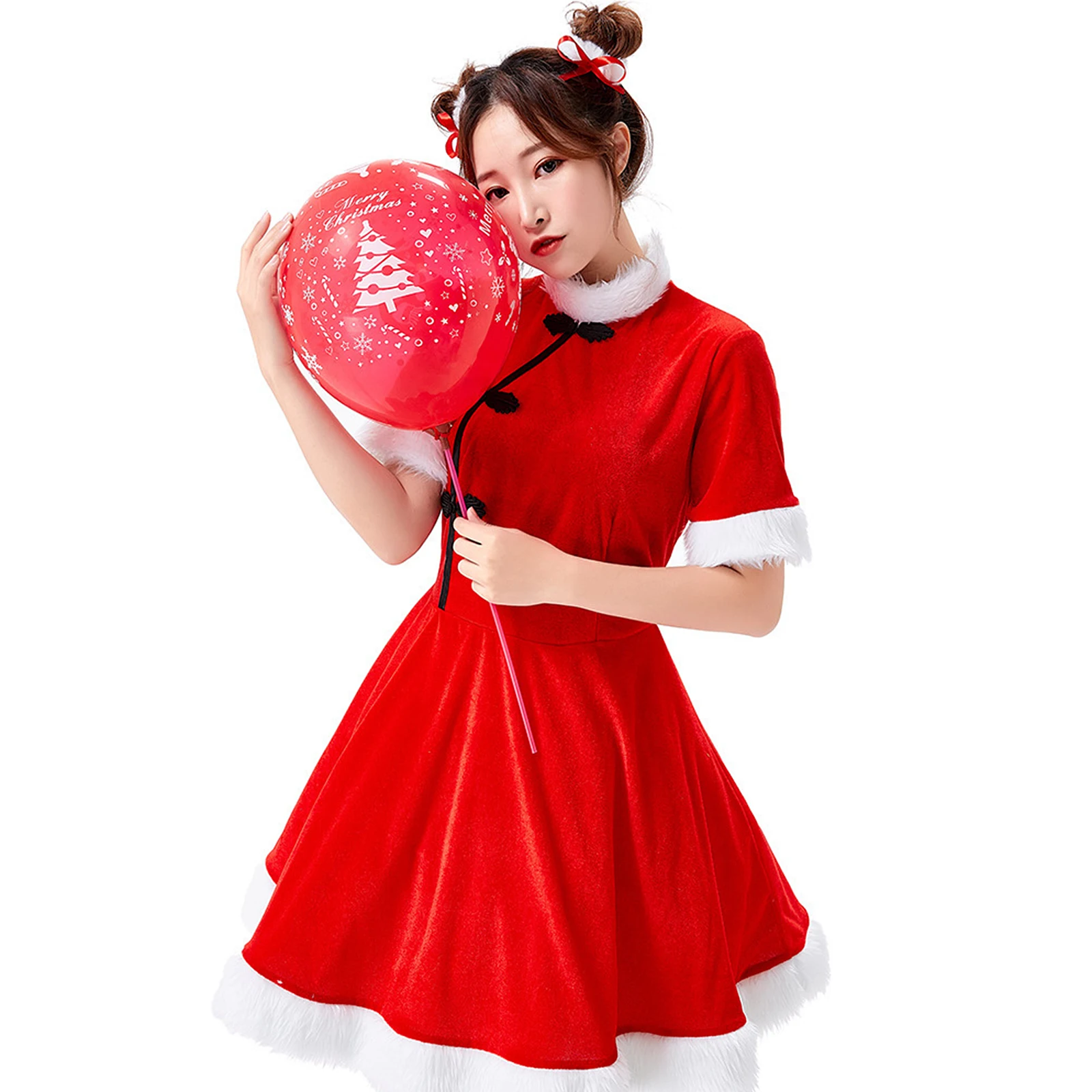 

1 pc Red Cheongsam Style Party Dress Festive Costume Performance Skirt Wear-Resistant - Creative Short Skirt For