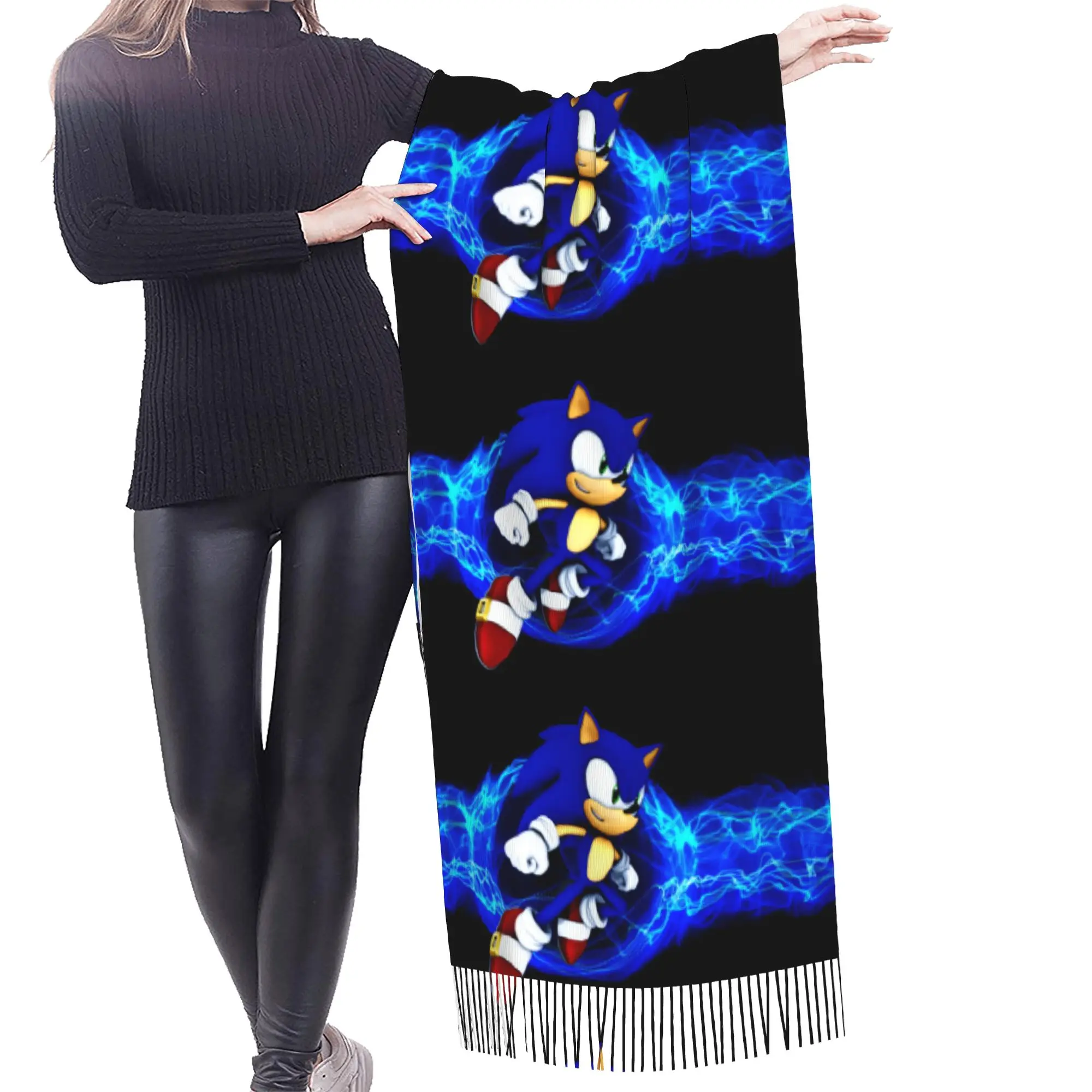 Custom Female Long S-Soniced Cartoon Scarves Women Winter Fall Thick Warm Tassel Shawl Wrap Video Game Scarf