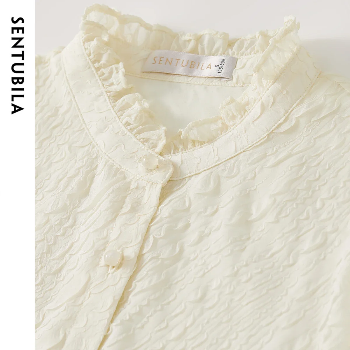 SENTUBILA Women Long Sleeve Shirts 2025 Autumn Jacquard Ruffles Stand Neck Flare Sleeve Blouses Elegant Clothing Woman 151C58162