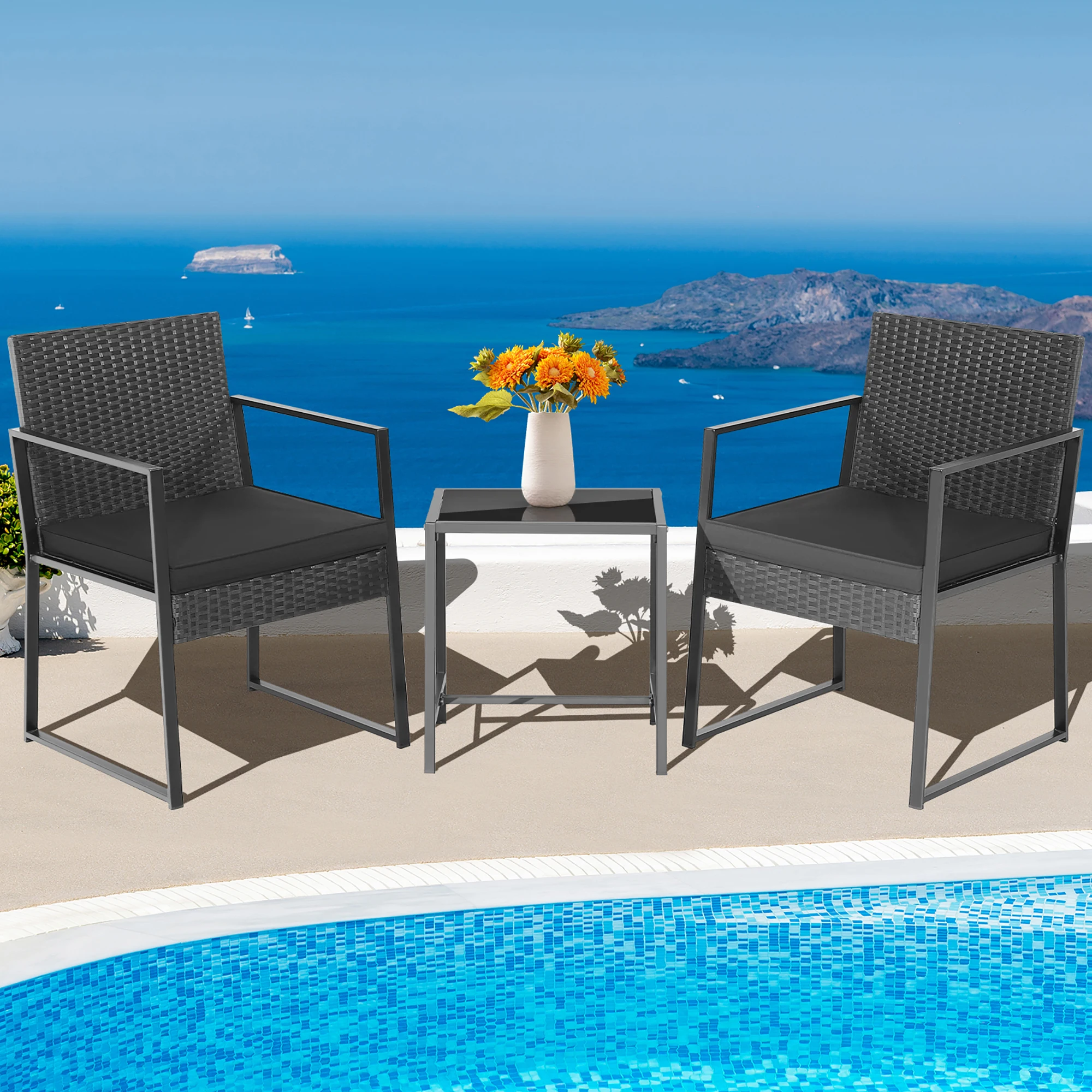 

3pcs Patio Furniture Set Heavy Duty Cushioned Wicker Rattan Chairs Table Outdoor