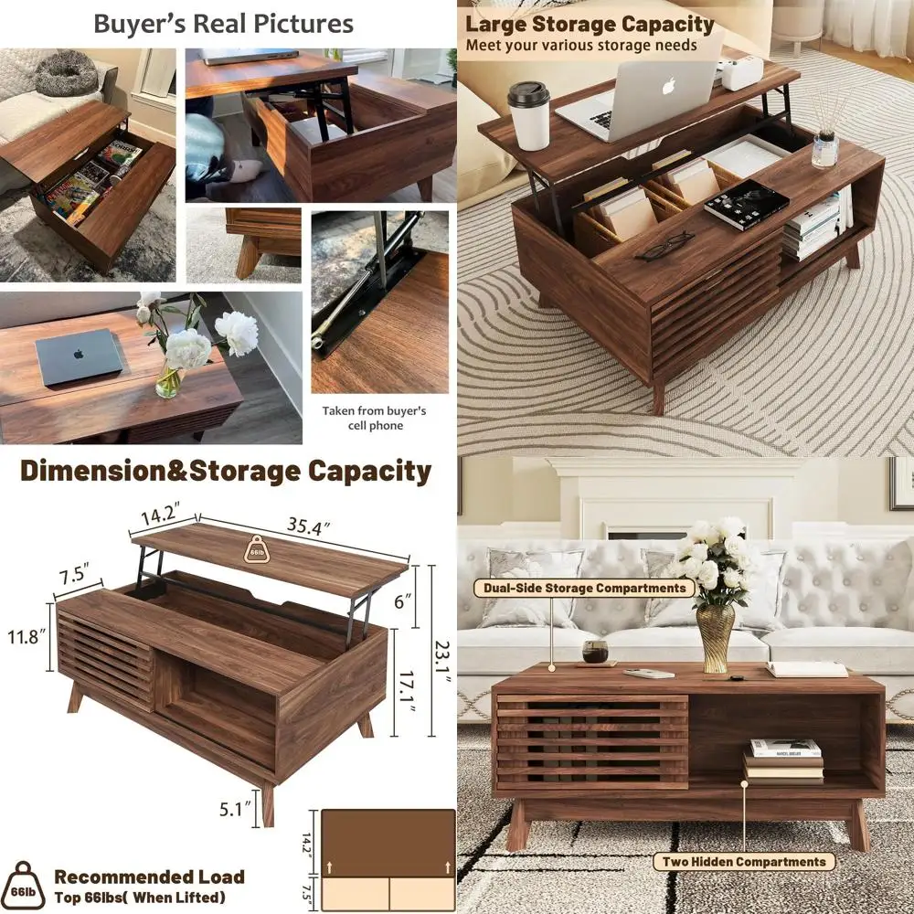 

Mid-Century Rectangular Walnut Coffee Table with Lift Top Storage, 35.4 Fluted Design for Living Room (Brown)