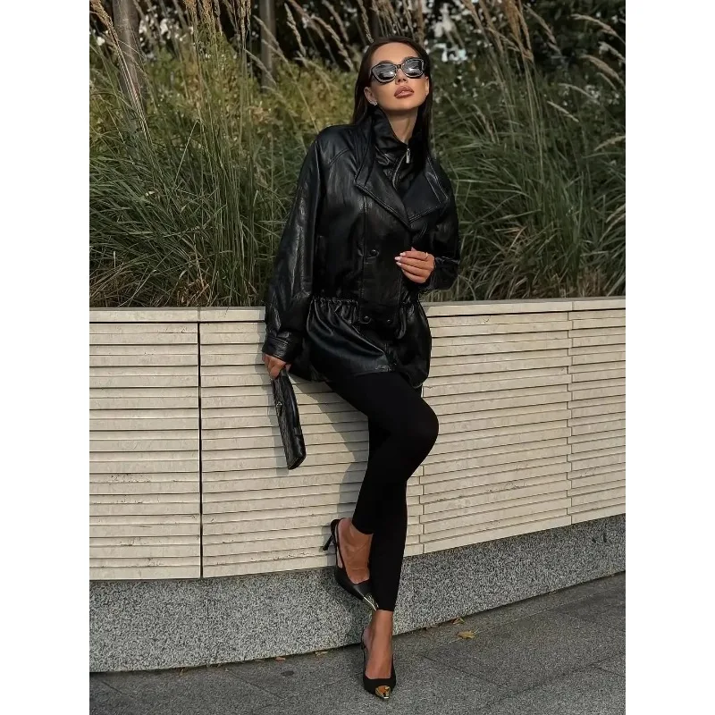 แจ็คเก็ตหนังสีดำทรงมิดิ  สำหรับผู้หญิง  แฟชั่นคอตั้ง  กระดุมสองแถว  ซิป  ทรงหลวม  เสื้อคลุมสำหรับใส่ในชีวิตประจำวัน