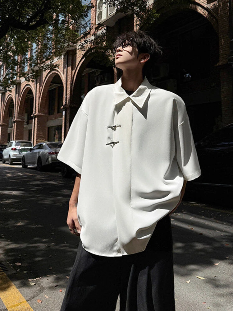 

Новая мужская рубашка в китайском стиле из ледяного шелка с коротким рукавом, модный дизайн, металлические пуговицы, свободный крой, летняя тонкая рубашка с рукавом до локтя