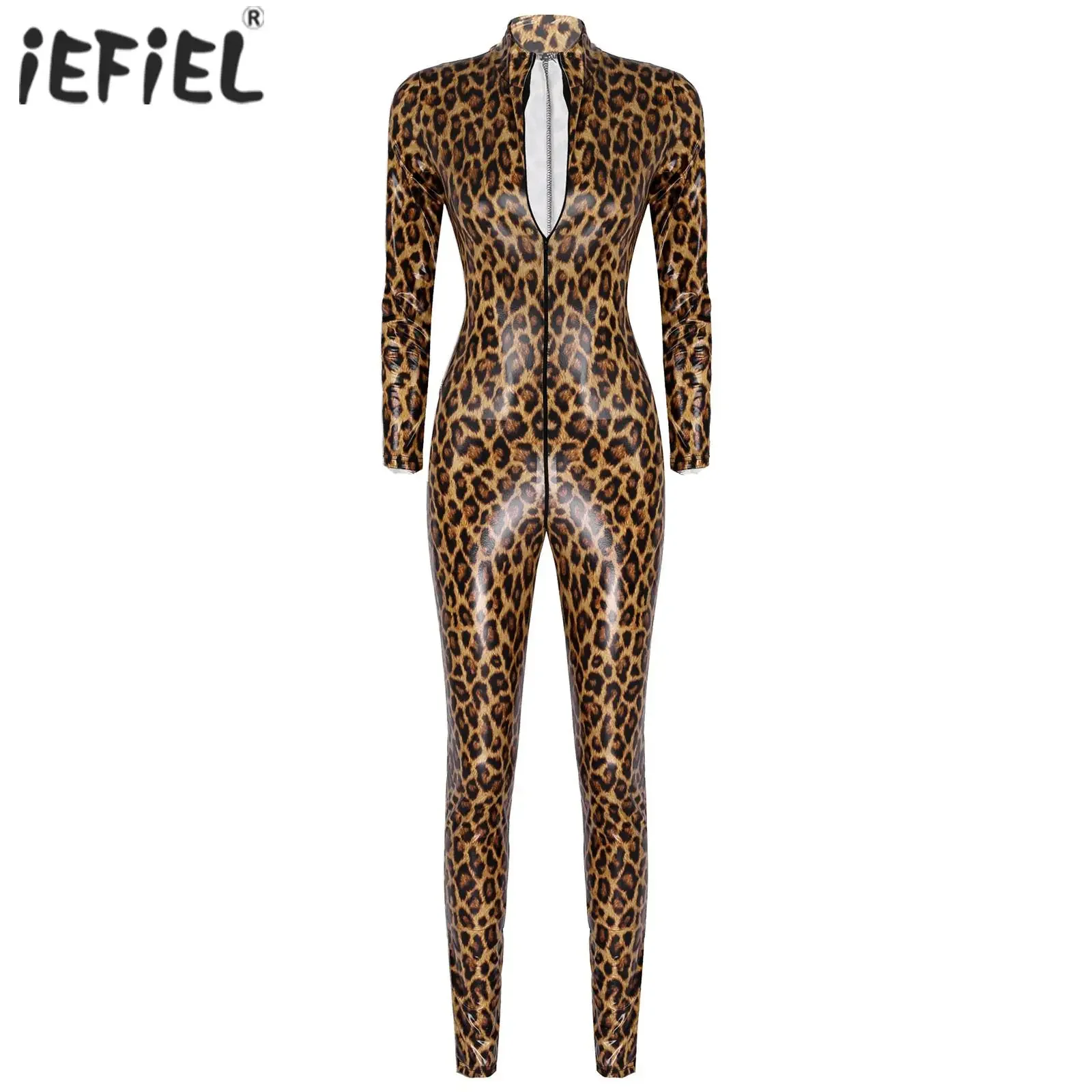 

IEFiEL-Combinaison à imprimé léopard pour femme, комбинированная батарея с cuir verni, col montant, мужские длинные платья