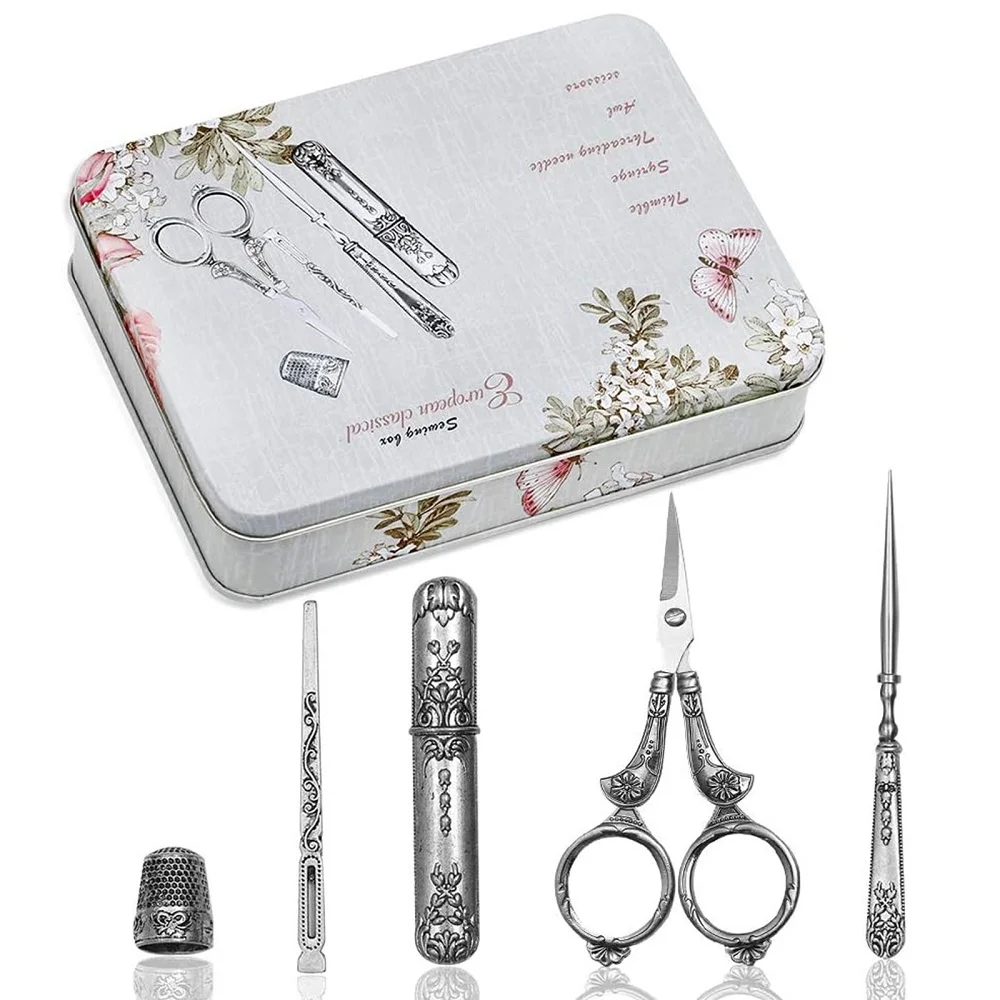 European Antique Vintage Sewing Kit with Embroidery Scissors Sewing Needle Case Awl for Sewing Craft