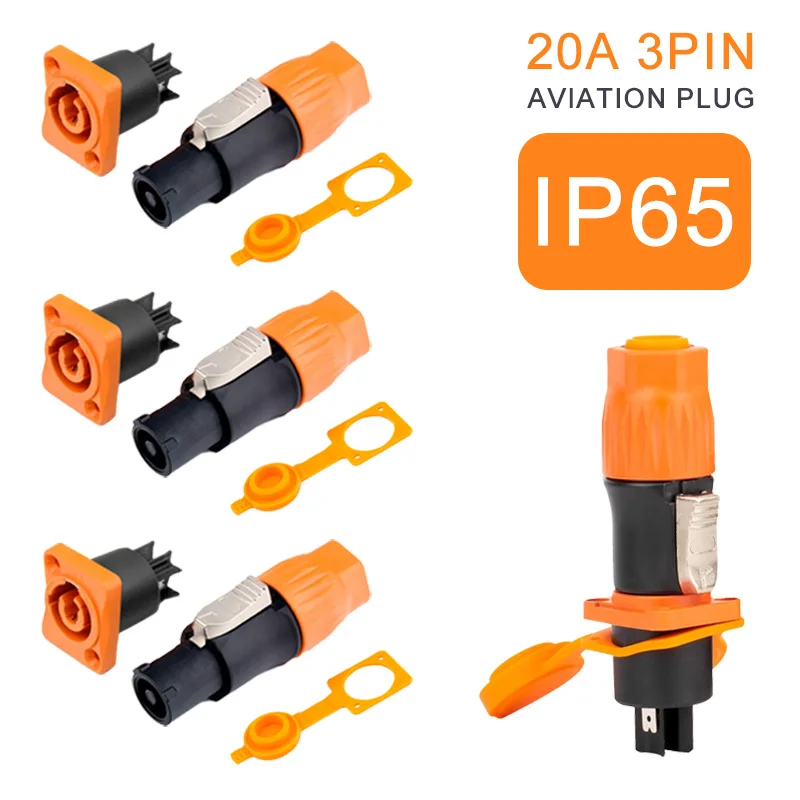 3Pins Orange Power Plug Socket IP65 Waterproof Stage Beam Light 3Pin Power Cord Led Display Aviation plug 20A