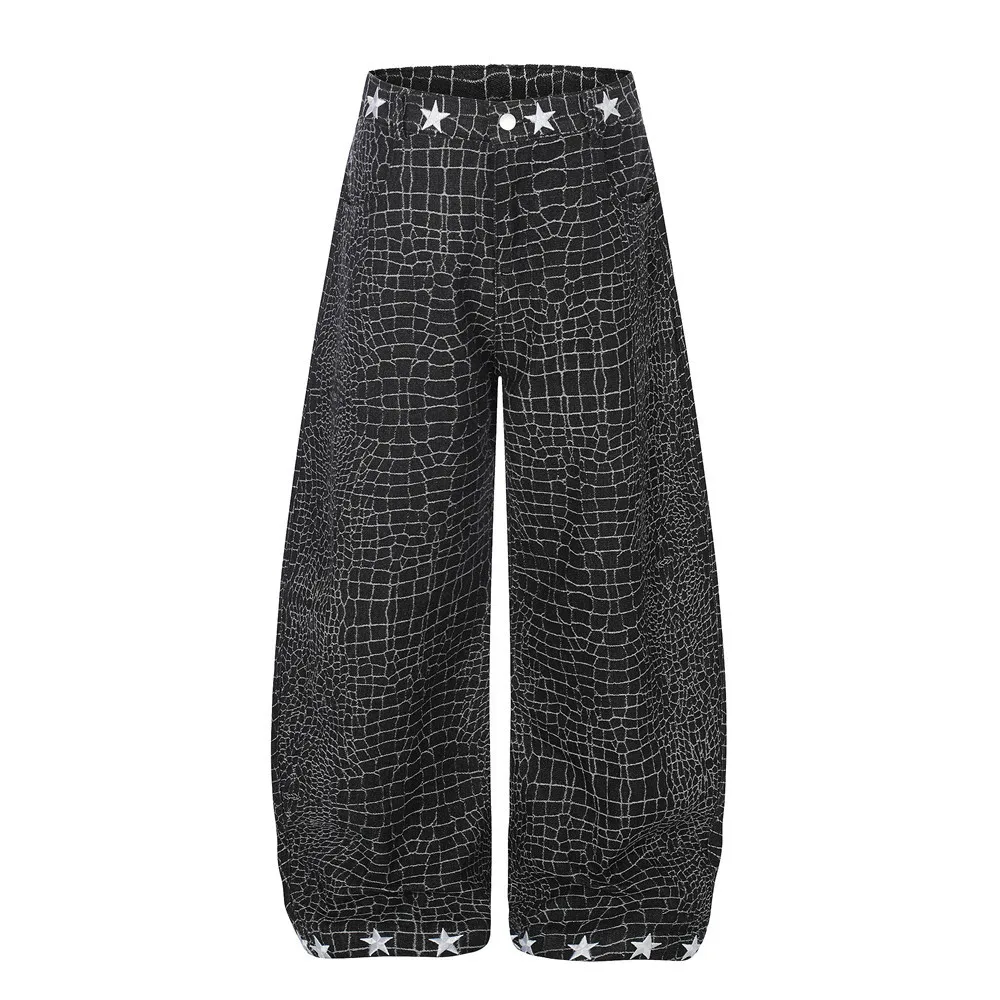 

Мужские широкие джинсы с эффектом потертости, модные, с вышивкой звезд, свободного кроя, полной длины, черные, с эффектом стирки