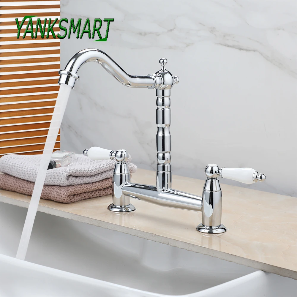 

YANKSMART Chrome Polished Bathroom Faucet Deck Mounted Basin Sink Swivel Faucets Mixer Water Tap Double Ceramic Handle Taps