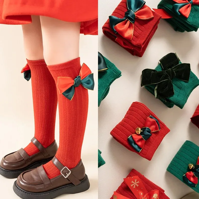 

2025 Christmas Girls Socks For 3-12Y Autumn Winter Toddlers Big Bow Knee High Long Kids Sock Soft Cotton Red Socken