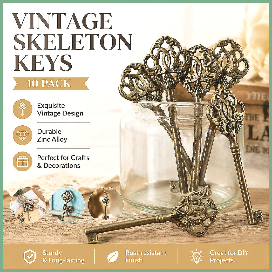 Vintage Antique Skeleton Key 10pcs for Furniture Cabinet, Hole Head Old Style Door Lock Replacement, Rustic Bronze Finish Dec