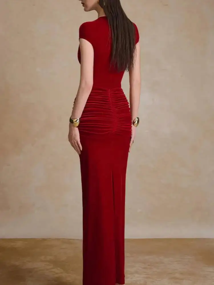 TLXT Moda Donna Elegante Abito da Sera in Velluto a Pieghe Vino Rosso Slim Fit Girocollo One-Step Manica Corta Primavera Nuovi Abiti