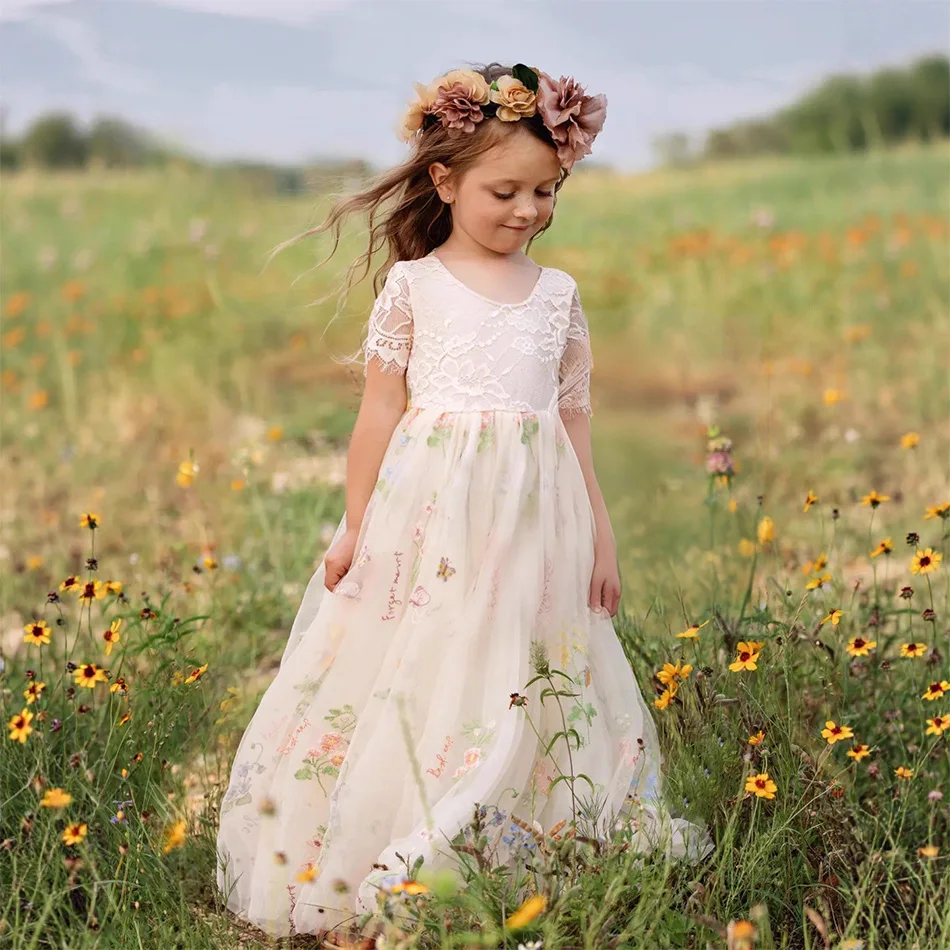 

Party Dress For Girl Long Sweet Wedding Flower Children's Dress Lace embroidered Mesh Long Evening Party Gown Daily Wear