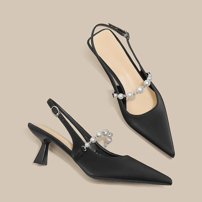 

Beaded Straight Heel Sandals Women's Fashion Pointed Toe Shallow Mouth Satin Pumps