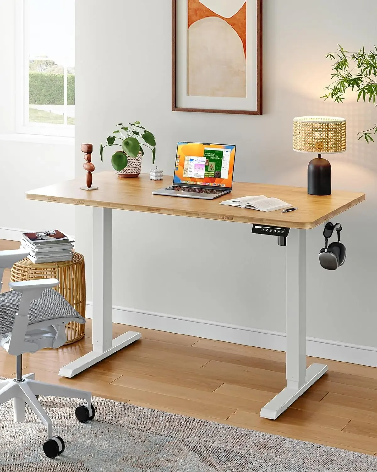 Whole Piece Standing Desk with Bamboo Desktop, Adjustable Stand Up Desk for Home Office, Electric Computer Desk