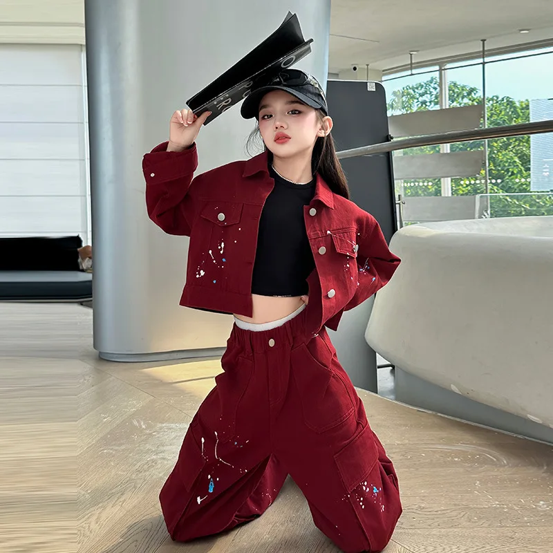 Girls Red Suits Kid 2024 New Autumn Collection Fashion Coat and Trousers Two-piece Set Clothes European Fashion Style Clothes