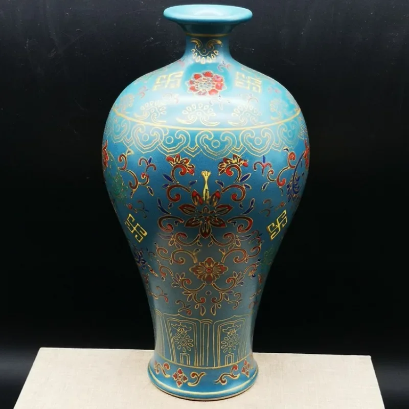 FG10Peacock Blue Glaze Enamel Color Longevity Floral Pattern Plum Vase Antique Old Object Collectible