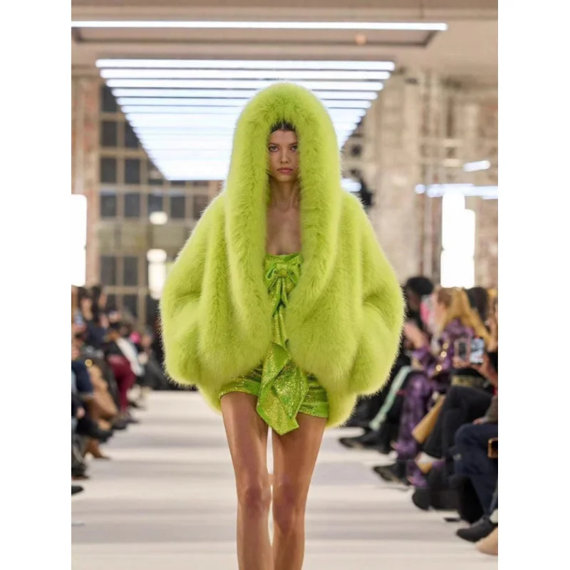 Winter Fox Fur Hooded Bridal Shawl Women's Hairy Grass Cloak Stylish Warm Cloak for Women