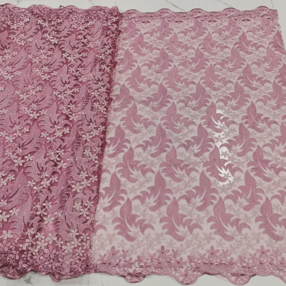 African Tulle Mesh Lace Fabric with Beads Pink Embroidery Party Fabric 5 Yards  JAW-34