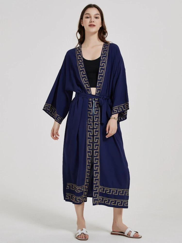 Beach Cover Ups Women Navy Blue Embroidery Kimono Swimsuit Cape Self Belted Wrap Dresses Summer Holiday Bathing Suits