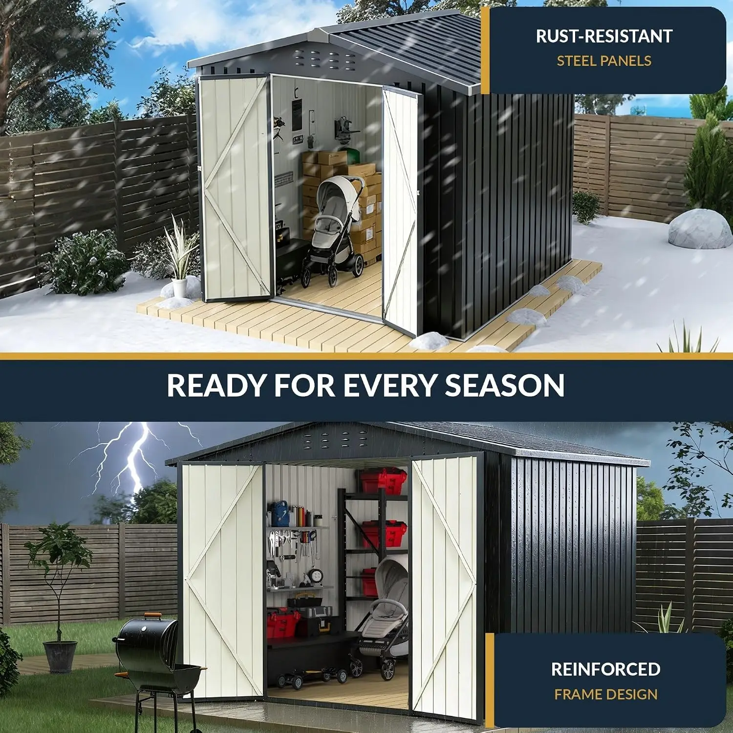 8x8 FT Outdoor Metal Storage Shed with Lockable Doors and Upgraded Frame,Garden Sheds with Sloped Roof for Backyard, Patio
