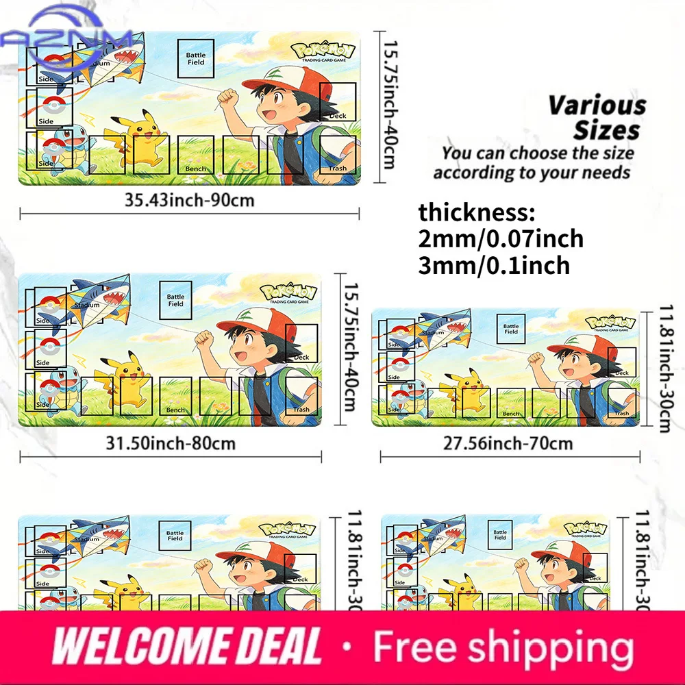 Pokemon Ash Pikachu Squirtle Shark Kite TCG Playmat, Anime Trading Card Game Mat with Zones, 2mm/3mm Non-Slip Mouse Pad for CCG