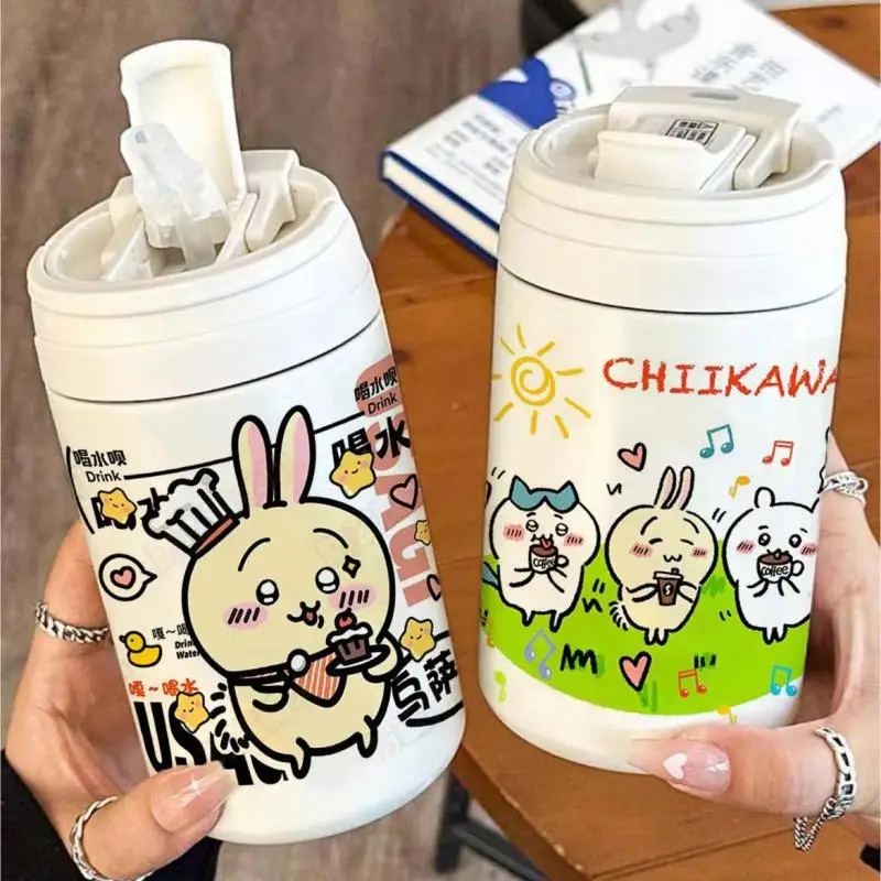 Kawaii Miniso Chiikawa Water Cup Anime Cartoon Coffee Cup Accompanying Cup Insulation Cup Straw Straight Drinking Cup