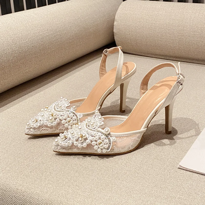New Spring and Summer Women\'s High Heels Lace Front Package Pearl Pointed Stiletto Party Sandals Back Empty Single Shoes