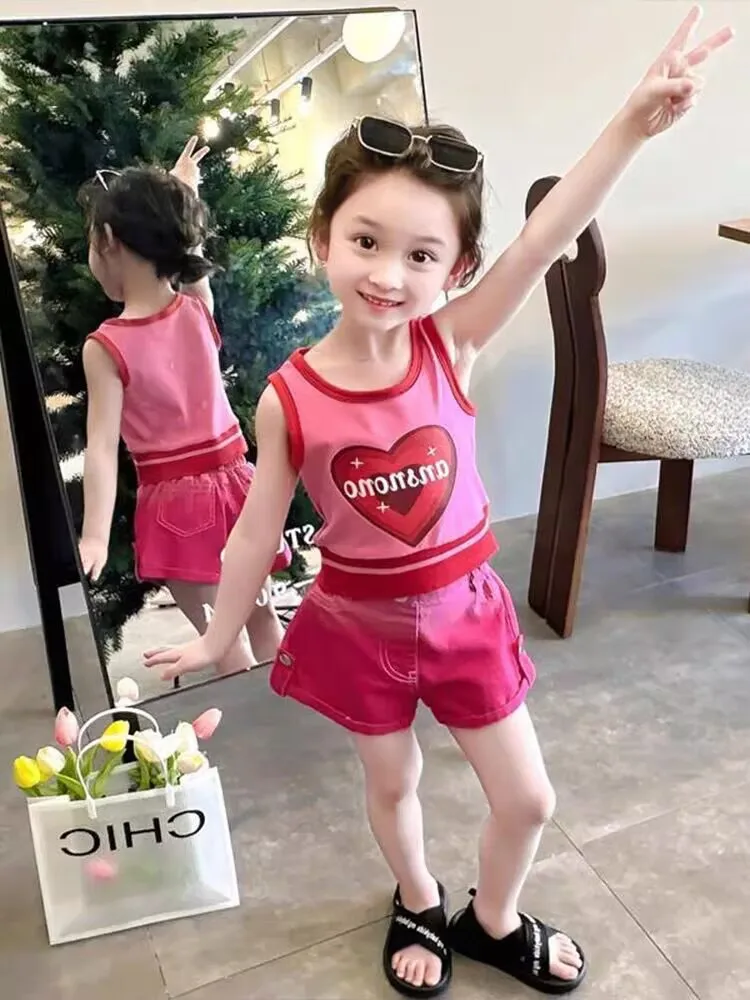 2024 Summer New Kids Girls Letters Cute Stripe Sleeveless Vest + Shorts  Children Fashion Two-pieces Clothing Suits