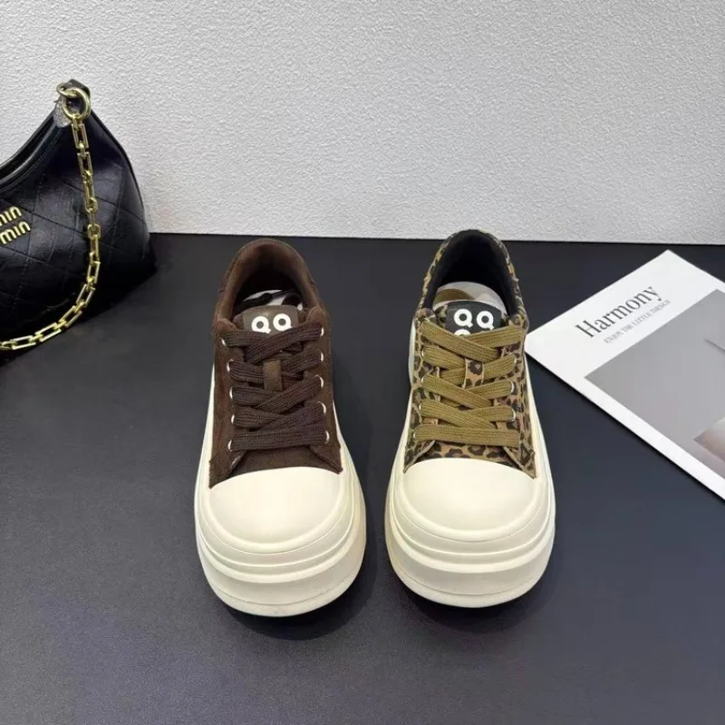 Women Leopard Print Platform Sneakers, Thick Sole Lace Up Round Toe Casual Shoes, Fashion Chunky Low Top Canvas Shoes view 2