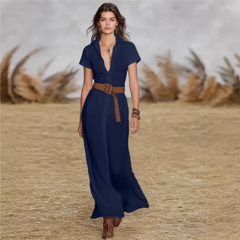 Women's New Fashion Solid Holiday Beach Party Dresses Elegant Lapel Long Dress Casual Short Sleeve Match With Belt Shirt Dress