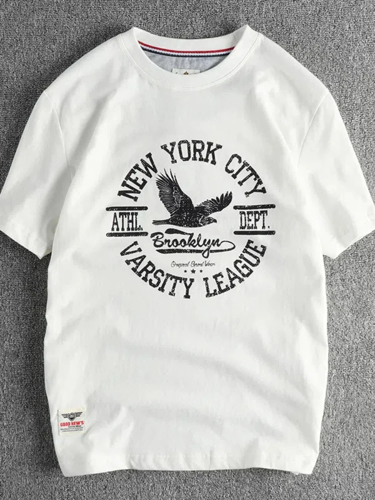 Summer New American Retro Short-sleeved O-neck Eagle Letter Printed T-shirt Men\'s Fashion 100% Cotton Washed Casual Sport Tops