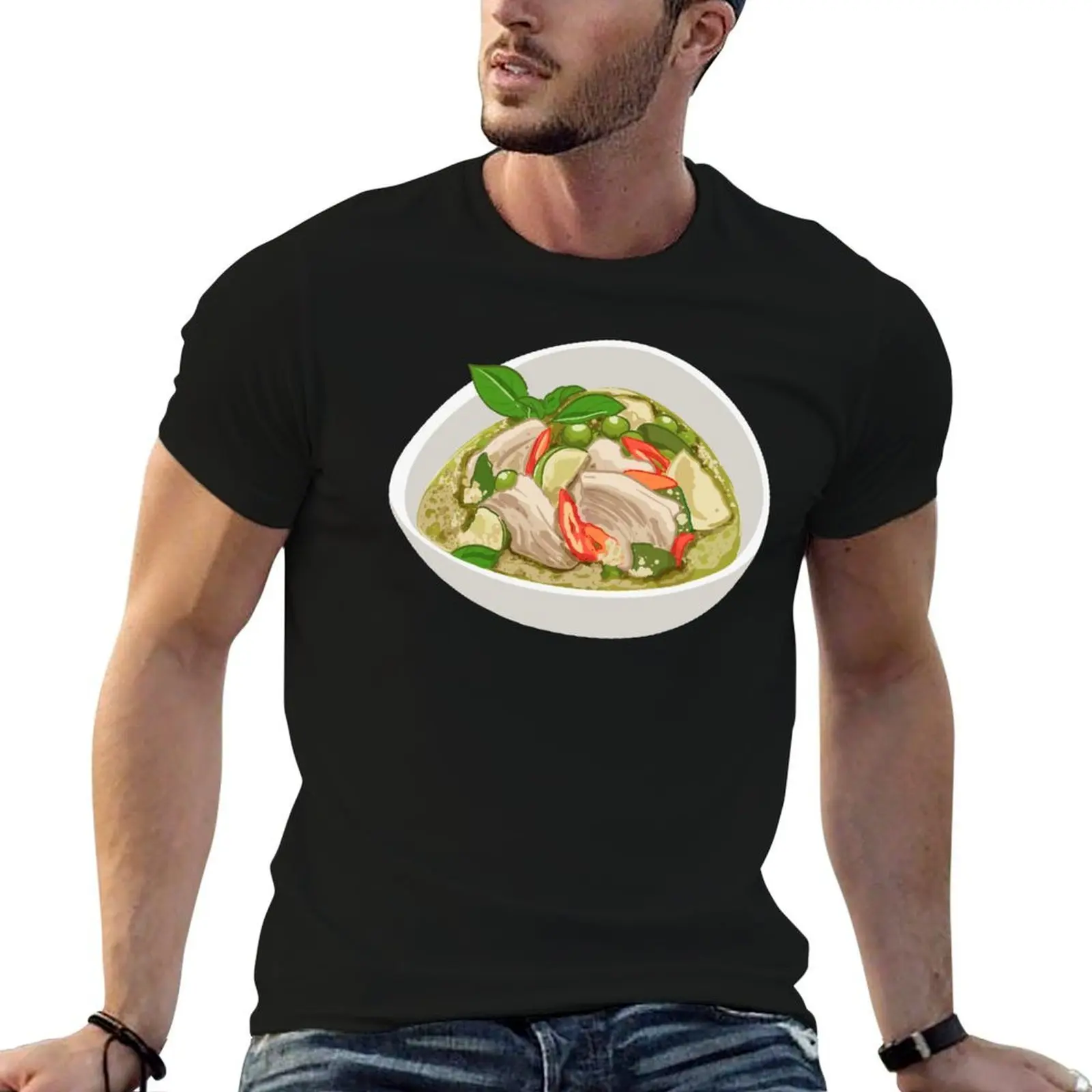 Bowl of Spicy Thai Green Chicken Curry T-Shirt, individuell bedrucktes Herren-T-Shirt, Herren-T-Shirt aus schwerer Baumwolle, grafisches T-Shirt