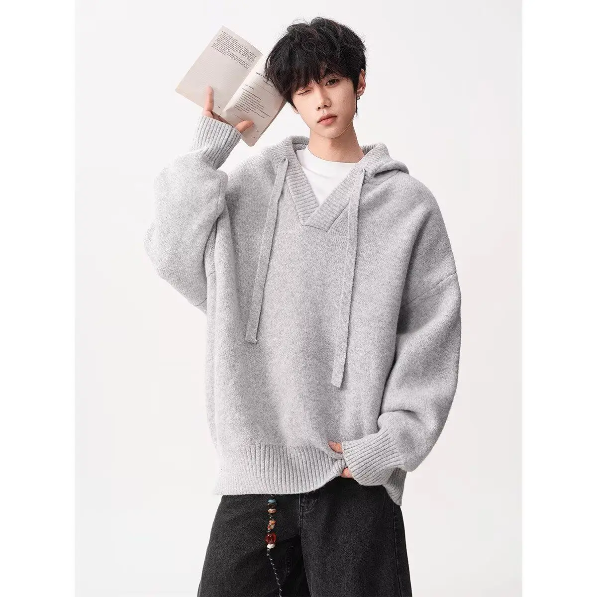 

American Sle Hooded V-Ne Knitwear Men's Trendy Brand Autumn Winter Loose Fit Overhead Loose Versatile Crew Ne Sweater Top