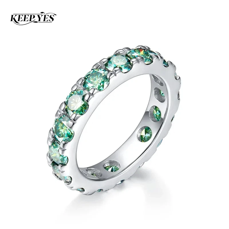 KEEP YES 4mm Green Round Moissanite Diamond Eternity Engagement Rings Wedding Band for Women Men S925 Sterling Silver with GRA