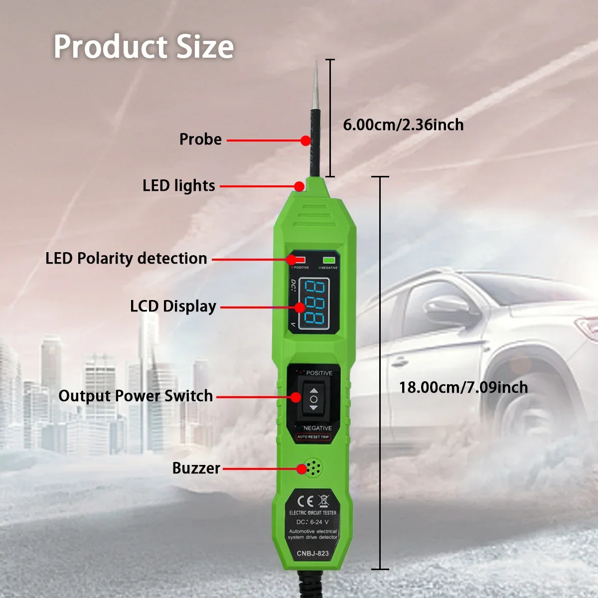 Power Circuit Probe Tester 6-24V DC, Car Voltage Tester with LCD Display & Overload Protection