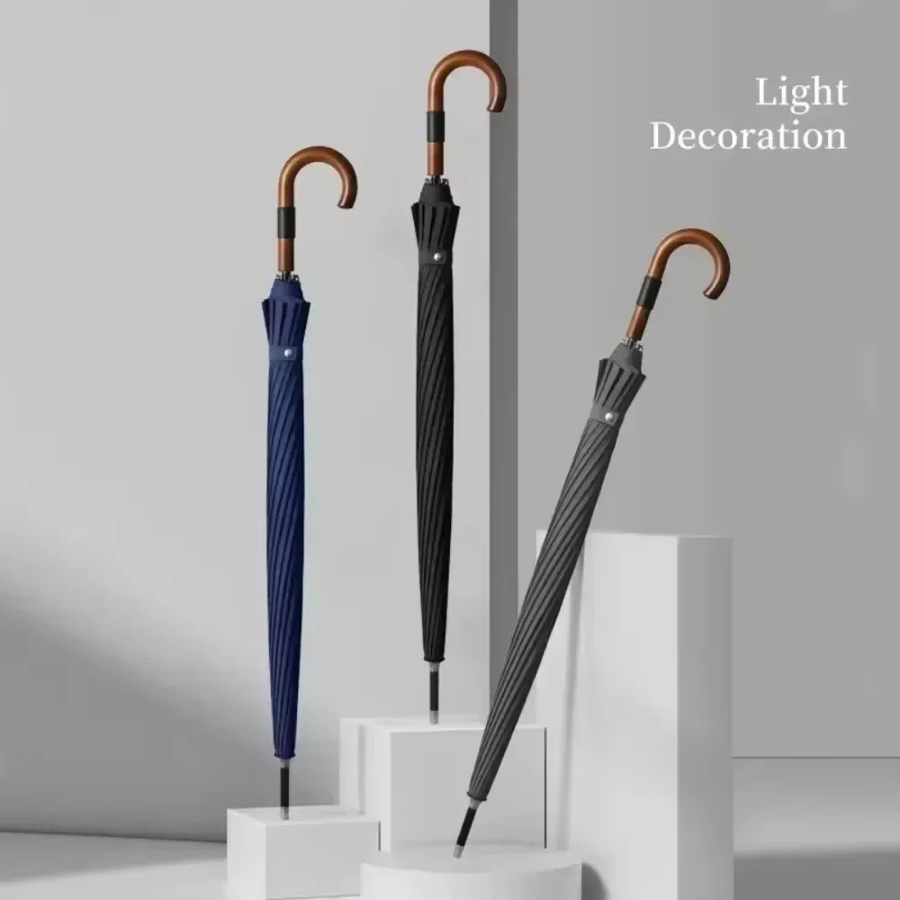 

Long Handle Umbrella Double Person Curved Hook Wooden Handle Umbrella Full Fiber Automatic Strong and Resilient Umbrella Frame