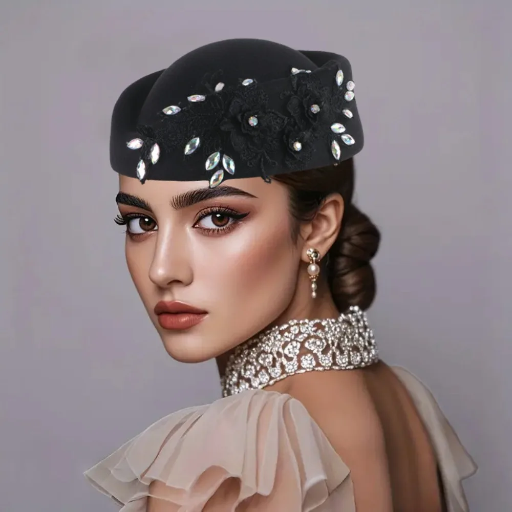 

Retro Vintage Topper Hat Flower Rhinestone Felt Beret Solid Color Lace Airline Stewardess Caps Lady