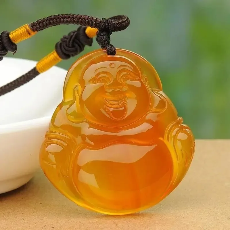

Натуральный агатовый кулон с изображением Будды Майтреи из желтого халцедона, женский, модный, универсальный.