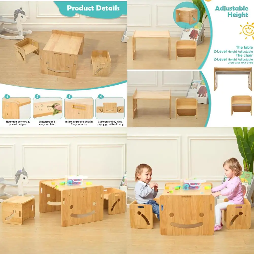 

Montessori Toddler Table and Chair Set, Height Adjustable for Ages 1-3, Solid Wood, 3-Piece Kids Furniture for Reading, Eating,