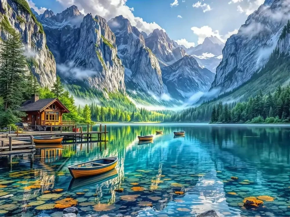 Crystal Clear Reflect Lake Cabin Row Boat Snow Mountain Pine Forest Diamond Painting, Nature Aesthetic Home Wall Decoration