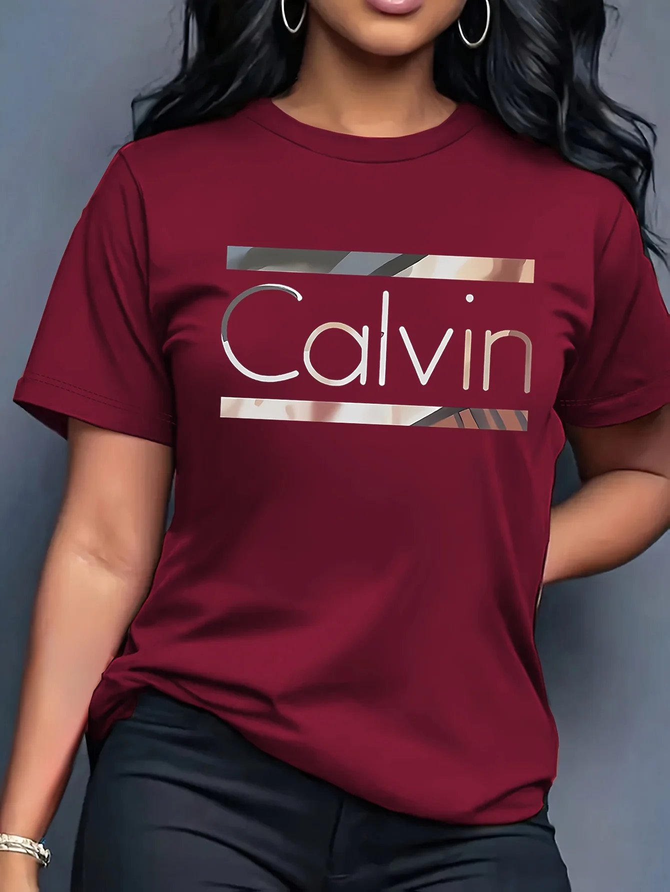 Women's Summer 100% Cotton Fashion Casual Calvin Letter Pattern Printed Loose Round Neck Short Sleeve T-shirt Top image 3