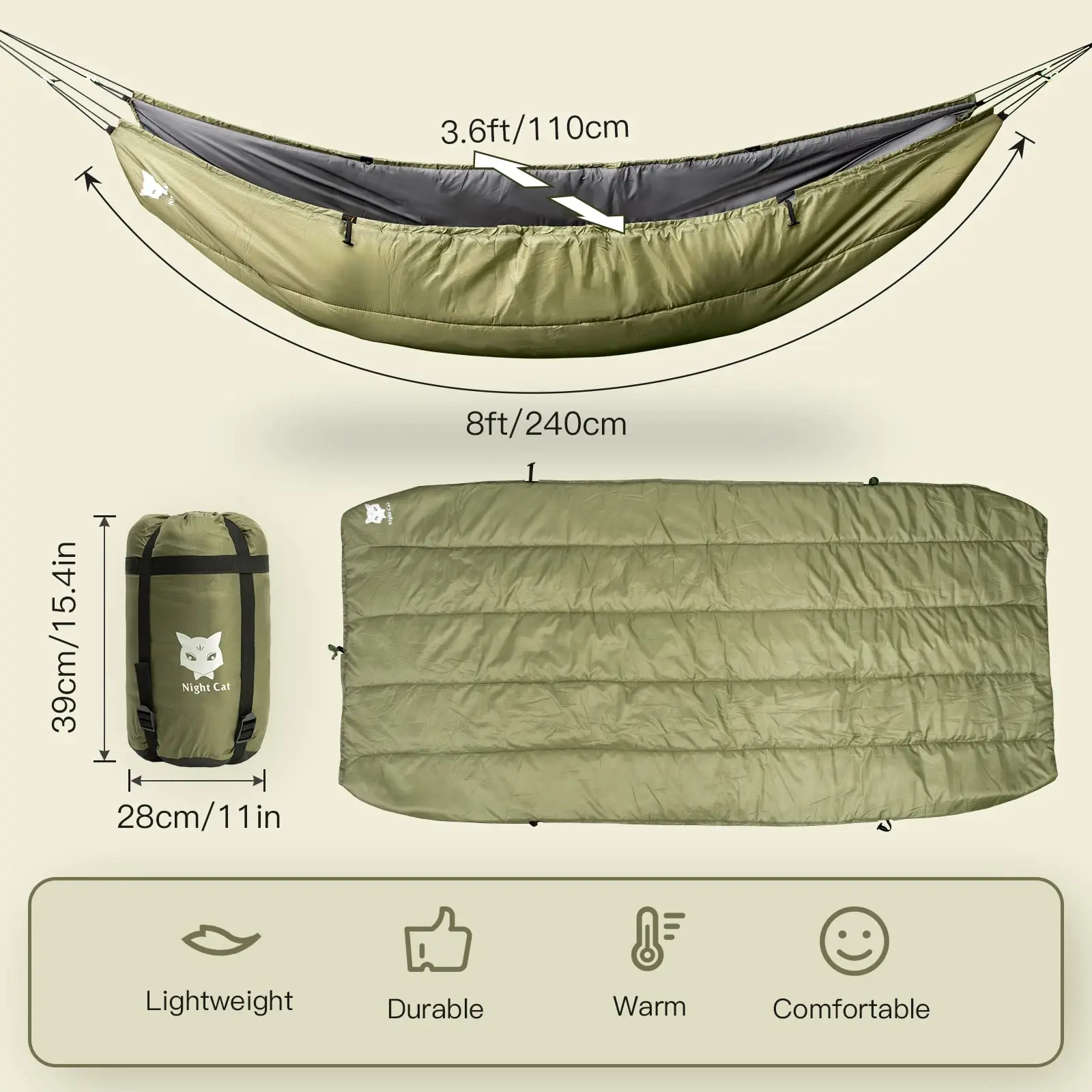 Night Cat Hammock Underquilts Sleeping Bag Single Insulated Under Blanket 4 Seasons Lightweight Soft Warm 5-20℃ 8x3.6ft