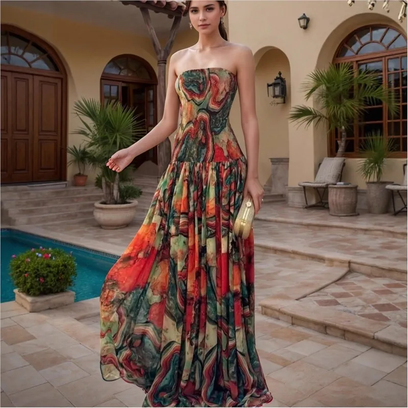 

Sexy Chest Hugging Dress For Women Summer Elegant Beach Vacation A-line Loose Dresses Ladies Fashion Printed Big Hem Vestidos