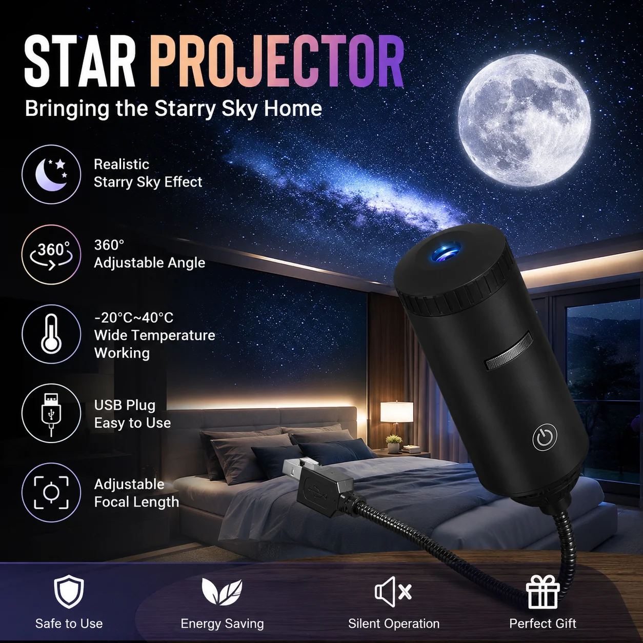 

Milky Way Moon Starry Sky Projector USB Flexible Gooseneck Star Night Light Ceiling Decor Projection Lamp