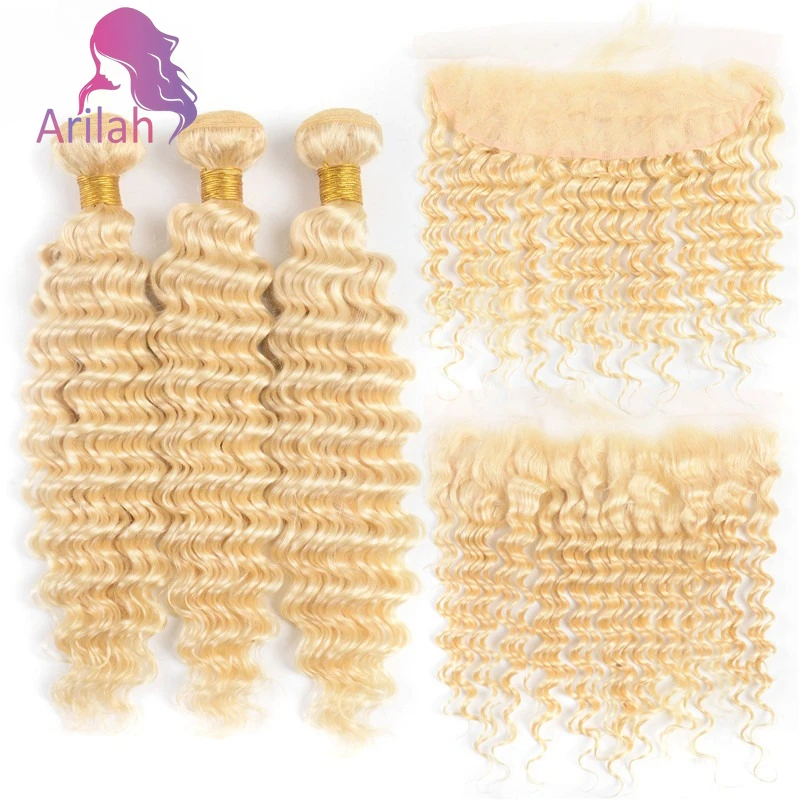 

2/3 шт., человеческие волосы с глубокими волнами, 613, пучки блондинок с кружевом 13x4, фронтальная часть, 100% необработанные бразильские девственные волосы, класс 12А, 100 г/шт.