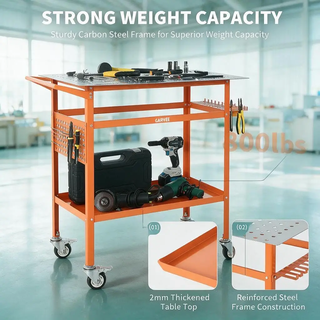 Heavy Duty 40 x 24 in Carbon Steel Welding Table, 800 lb Capacity, Mobile Workbench with 4 Wheels, 2 Brakes, 4 Support Feet, Side Pegboard, Hooks & Storage Tray for Workshops & Metalworking